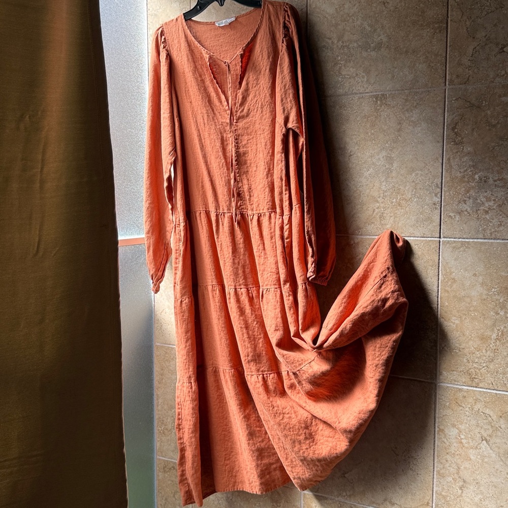 Little Lies Alicia Midi Dress 100% Linen Pockets L Tiered Skirt Anthropologie